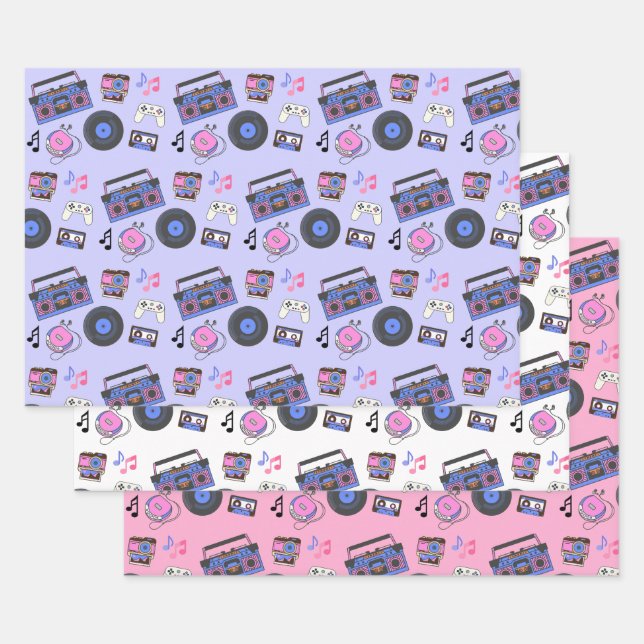 Retro 1980's Era Music Birthday Wrapping Paper Sheets (Set)