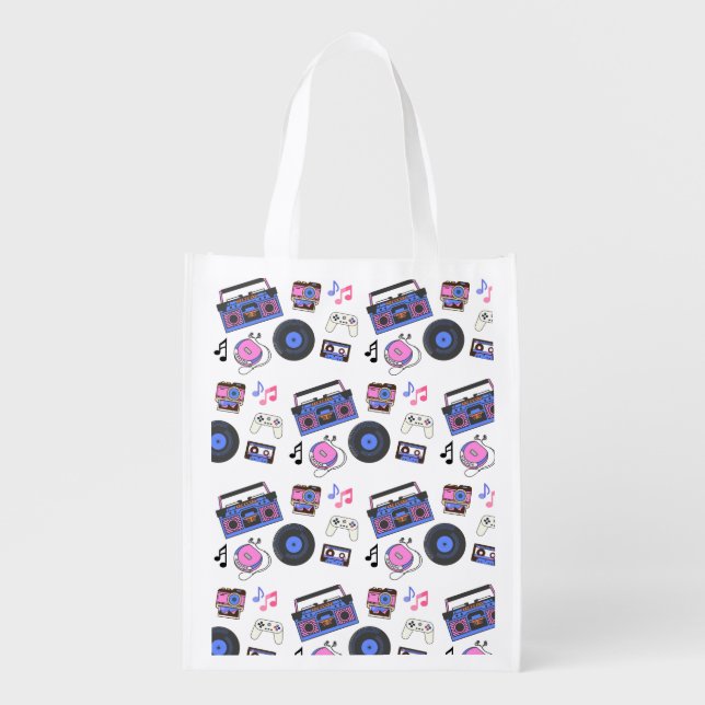Retro 1980's Era Music Nostalgic Grocery Bag (Front)
