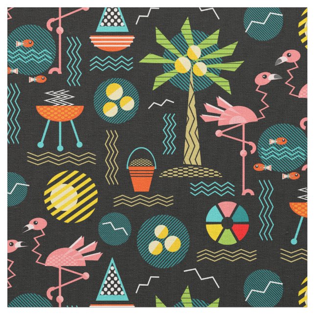 Retro 1980's Memphis Tropical on Black Fabric (Close Up)