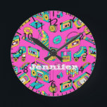Retro 1980s Neon Pink Teal Pattern Pop Art Music Round Clock<br><div class="desc">Customizable name clock in retro 1980s and 1990s theme,  with bright and colorful vintage items such as cassette player,  Rubik's cube,  sweets,  scrunchies,  etc. in hot pink,  turquoise,  and yellow colors.</div>