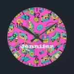 Retro 1980s Neon Pink Teal Pattern Pop Art Music Round Clock<br><div class="desc">Customizable name clock in retro 1980s and 1990s theme,  with bright and colorful vintage items such as cassette player,  Rubik's cube,  sweets,  scrunchies,  etc. in hot pink,  turquoise,  and yellow colors.</div>