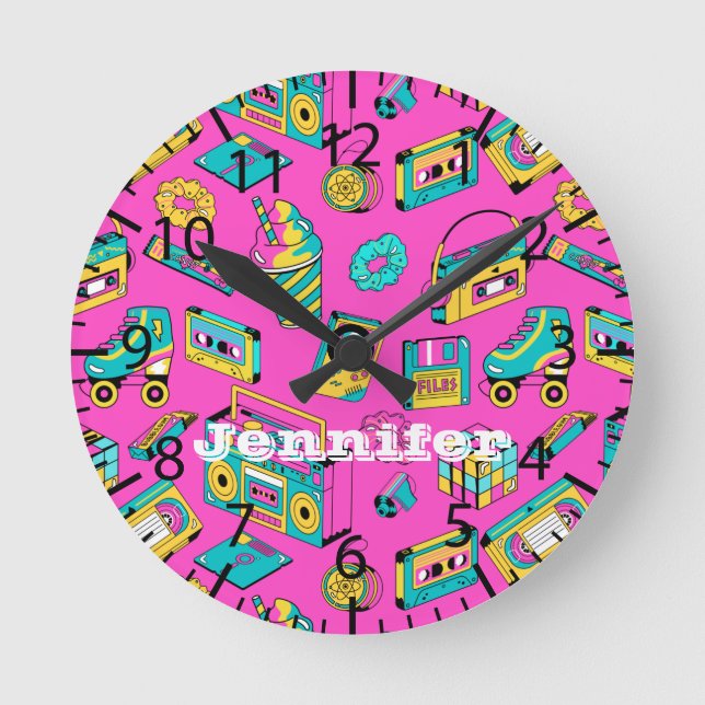 Retro 1980s Neon Pink Teal Pattern Pop Art Music Round Clock (Front)
