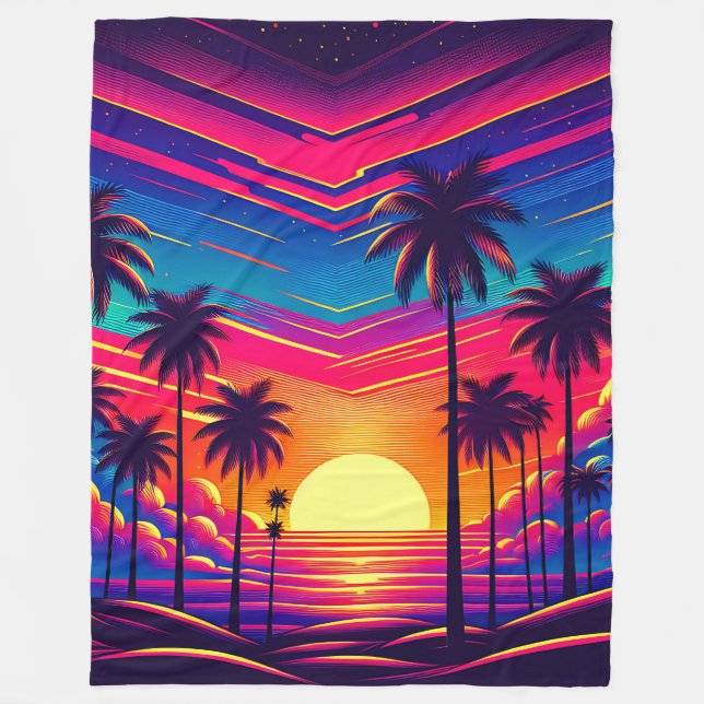 “Retro 1980's: Sunset at the Beach” Fleece Blanket (Front)