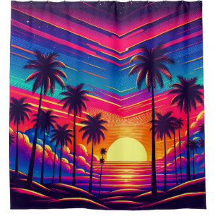 “Retro 1980's: Sunset at the Beach” Shower Curtain