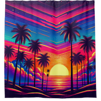 “Retro 1980's: Sunset at the Beach” Shower Curtain