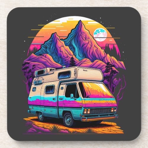 Retro 1980s Synthwave Camping Van Design Beverage Coaster