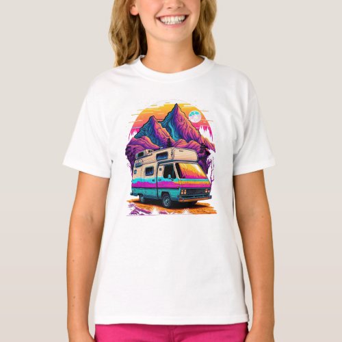 Retro 1980s Synthwave Camping Van Design T_Shirt