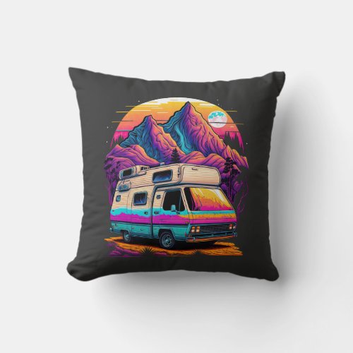 Retro 1980s Synthwave Camping Van Design Throw Pillow