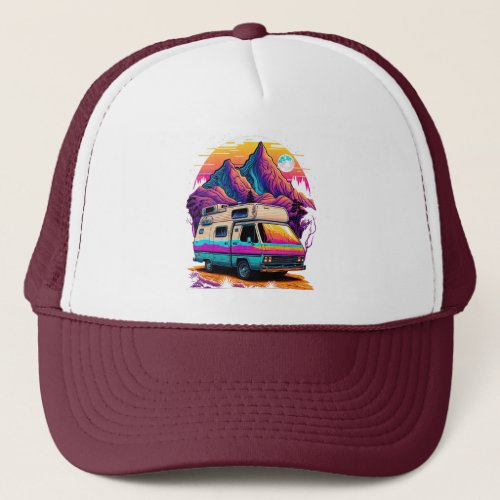 Retro 1980s Synthwave Camping Van Design Trucker Hat