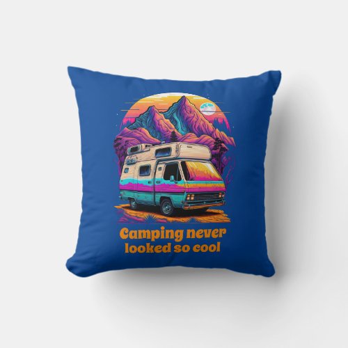 Retro 1980s Synthwave Cool Camping Van Design Throw Pillow