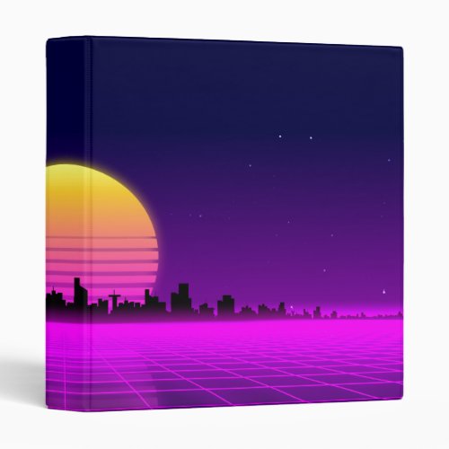 Retro 1980s synthwave glowing neon lights city 3 ring binder