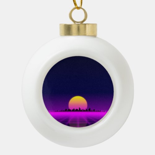 Retro 1980s synthwave glowing neon lights city ceramic ball christmas ornament