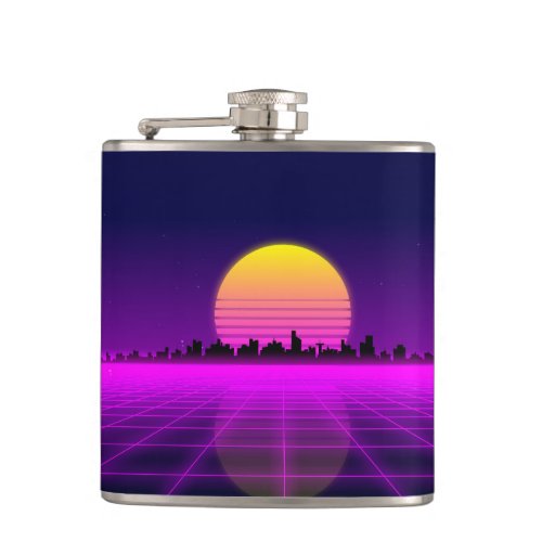 Retro 1980s synthwave glowing neon lights city flask
