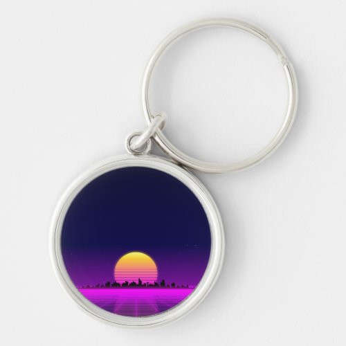 Retro 1980s synthwave glowing neon lights city keychain
