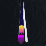 Retro 1980s synthwave glowing neon lights city neck tie<br><div class="desc">Retro 1980s synthwave glowing neon lights plane with sun and city skyline</div>