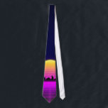 Retro 1980s synthwave glowing neon lights city neck tie<br><div class="desc">Retro 1980s synthwave glowing neon lights plane with sun and city skyline</div>