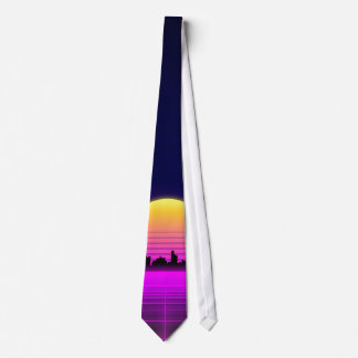 Retro 1980s synthwave glowing neon lights city neck tie