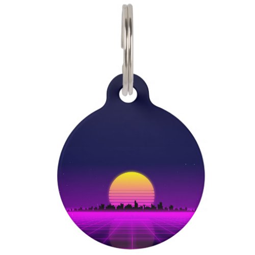 Retro 1980s synthwave glowing neon lights city pet ID tag