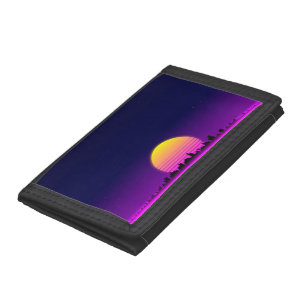 Retro 1980s synthwave glowing neon lights city tri-fold wallet