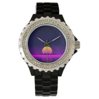 Retro 1980s synthwave glowing neon lights city watch