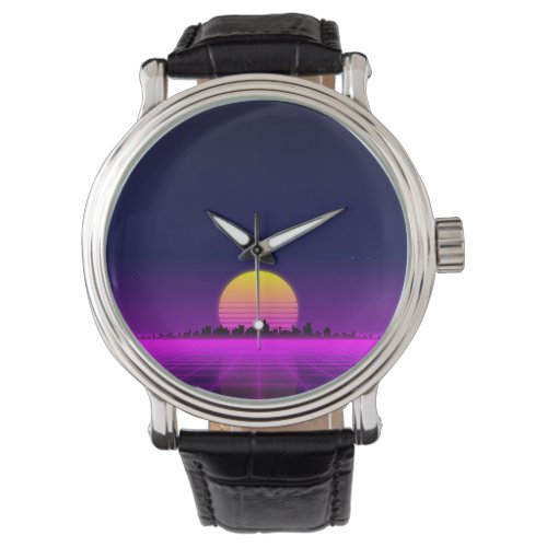 Retro 1980s synthwave glowing neon lights city watch