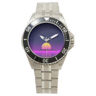 Retro 1980s synthwave glowing neon lights city watch