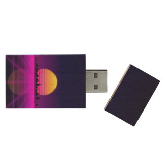 Retro 1980s synthwave glowing neon lights city wood flash drive