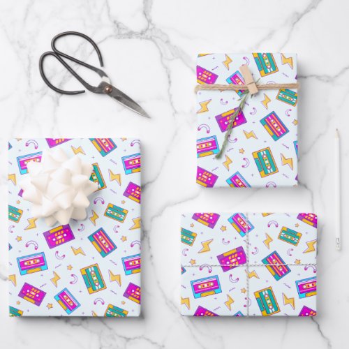 Retro 1990s 1980s Neon Audio Cassette Wrapping Paper Sheets