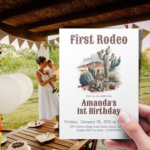 Retro 1st First Rodeo Western Cactus Birthday Invitation