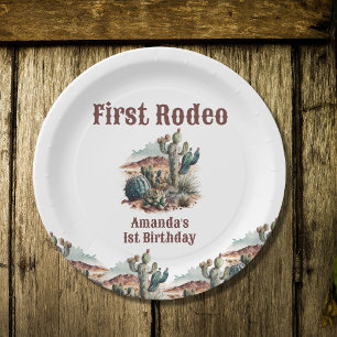 Retro 1st First Rodeo Western Cactus Birthday Paper Plates