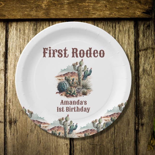 Retro 1st First Rodeo Western Cactus Birthday Paper Plates (Creator Uploaded)