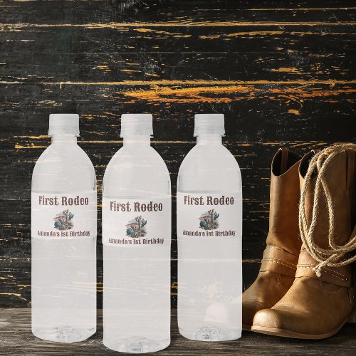Retro 1st First Rodeo Western Cactus Birthday Water Bottle Label