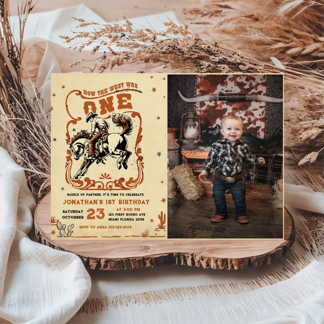 Retro 1st Rodeo Western Cowboy Birthday Photo Invitation (Creator Uploaded)