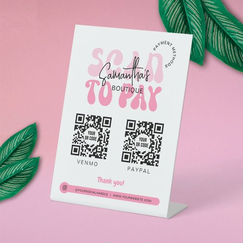 Retro 2 QR Codes Scan to Pay Pink  White Shop Pedestal Sign