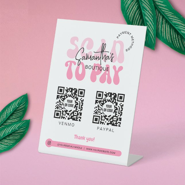 Retro 2 QR Codes Scan to Pay Pink & White Shop Pedestal Sign (Retro pink and white Business Scan To Pay Sign with space for 2 QR codes)