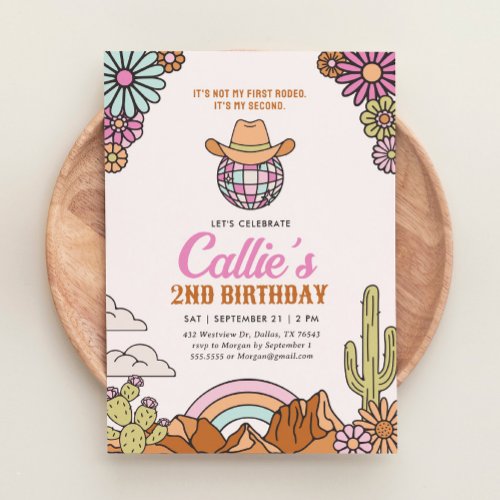 Retro 2nd Rodeo Western Girl Birthday Invitation