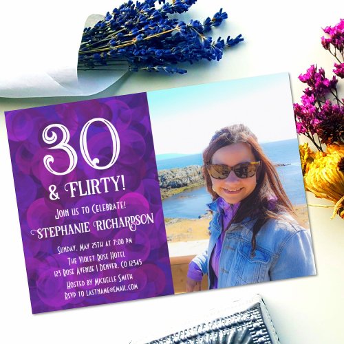 Retro 30 and Flirty Elegant Purple Photo Birthday Invitation