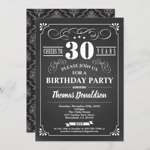 Retro 30th birthday invite Chalkboard vintage Invitation