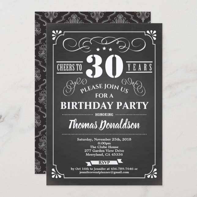 Retro 30th birthday invite. Chalkboard vintage Invitation (Front/Back)