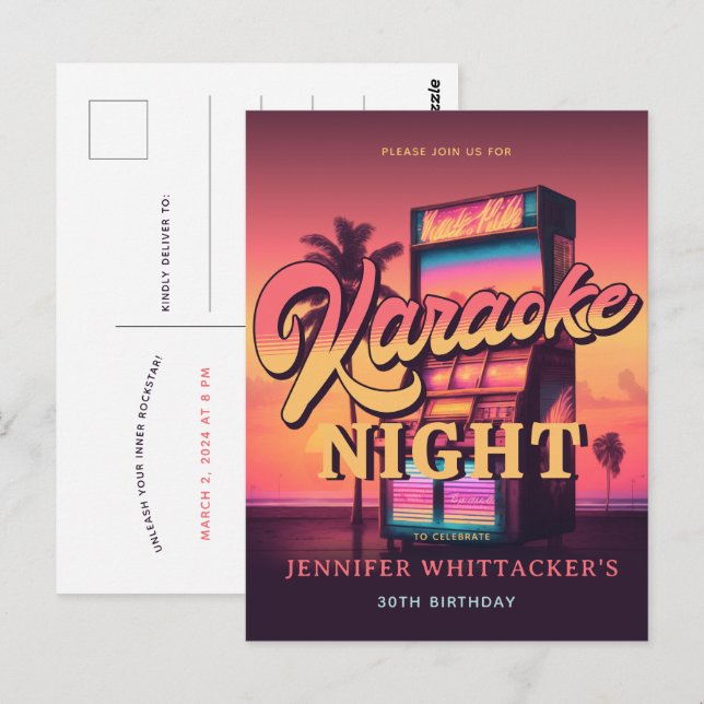 Retro 30th Birthday Karaoke Party Invitation Postcard (Front/Back)
