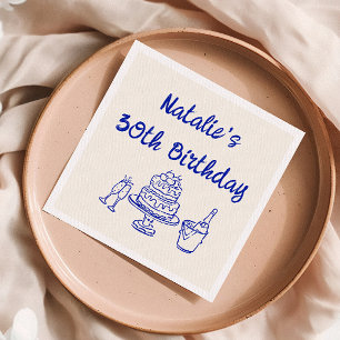 Retro 30th Blue Hand Drawn Cake Champagne Birthday Napkins