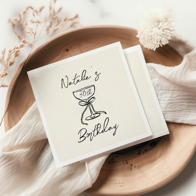 Retro 30th Hand Drawn Bow Champagne Glass Birthday Napkins (Creator Uploaded)