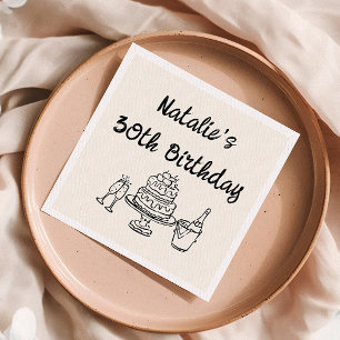 Retro 30th Hand Drawn Cake Champagne Fun Birthday Napkins