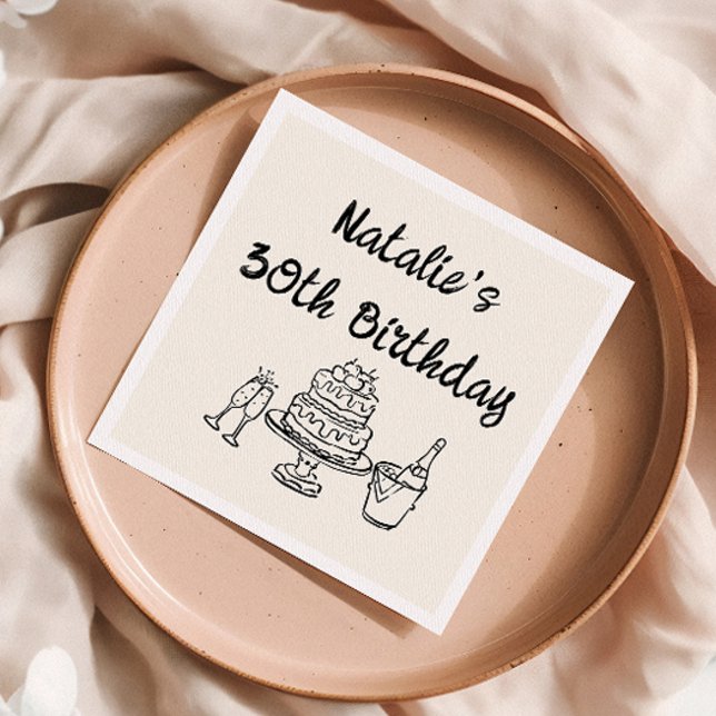 Retro 30th Hand Drawn Cake Champagne Fun Birthday Napkins (Creator Uploaded)