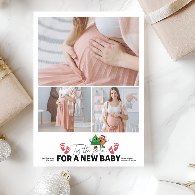 Pregnancy christmas card - Pink Dramatic personalized gifts for you Retro 3 photo tis the season pregnancy announceme holiday card