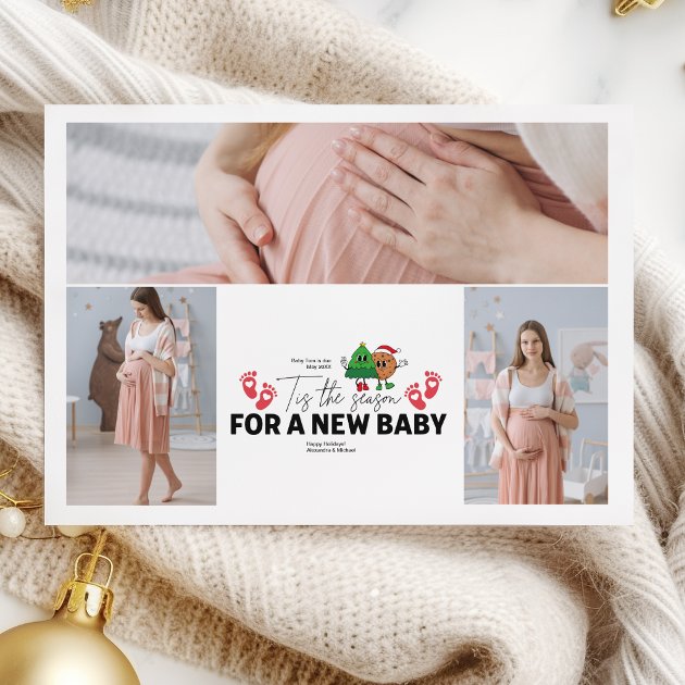 Pregnancy christmas card - Pink Dramatic personalized gifts for you Retro 3 photo tis the season pregnancy announceme holiday card