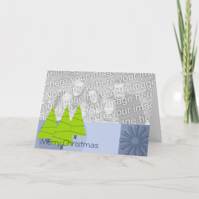 Retro 3 Trees Blue and Lime Green Merry Christmas Holiday Card (Front)