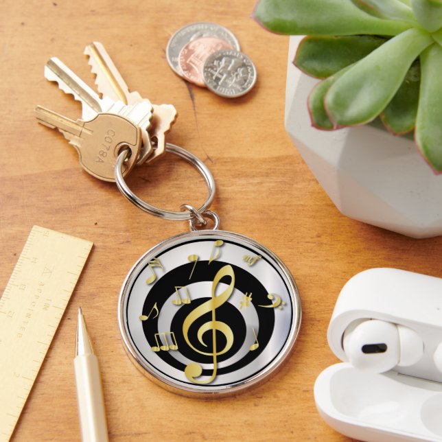 Retro 3D Effect Gold and Silver Musical Notes Keychain (Desk)