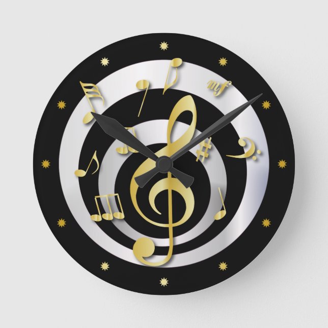 Retro 3D Effect Gold and Silver Musical Notes Round Clock (Front)