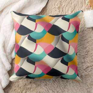 Retro 3D Geometric Pattern in Teal, Pink, Mustard Throw Pillow